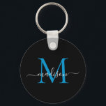 Black Blue Monogram Name Elegant Modern Script Key Ring<br><div class="desc">Simple Black Ocean Blue Monogram Elegant Modern Script Keychain</div>