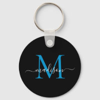 Black Blue Monogram Name Elegant Modern Script