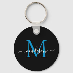 Black Blue Monogram Name Elegant Modern Script Key Ring