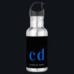 Black blue monogram name modern  532 ml water bottle<br><div class="desc">A classic black background. Blue and white coloured text. Personalise and add your monogram initials and your name. For both him and her.</div>