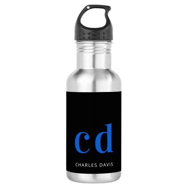 Black blue monogram name modern  532 ml water bottle (Front)