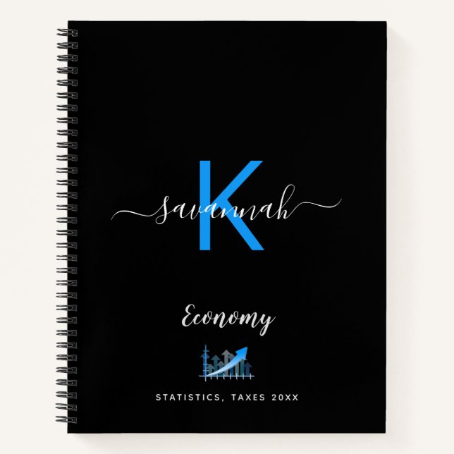 Black blue monogram typography economy office notebook (Front)