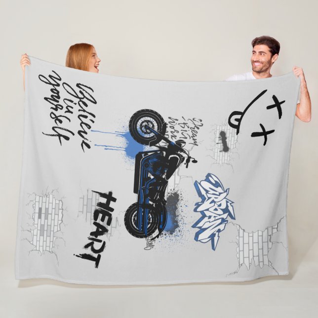 Black & blue motorbike graffiti grey fleece blanket (In Situ)