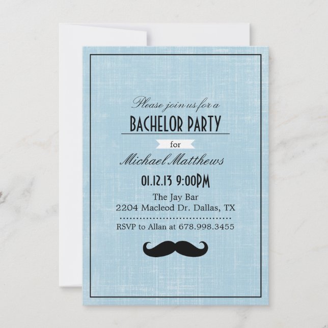 Black & Blue Moustache Bachelor Party Invitation (Front)