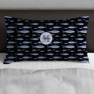 Black & Blue Name + Watercolor Monogram Shark Pillowcase