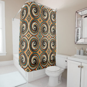 Black Blue Orange Abstract Swirl Pattern Shower Curtain