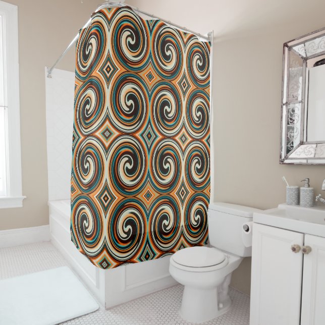 Black Blue Orange Abstract Swirl Pattern Shower Curtain (In Situ)
