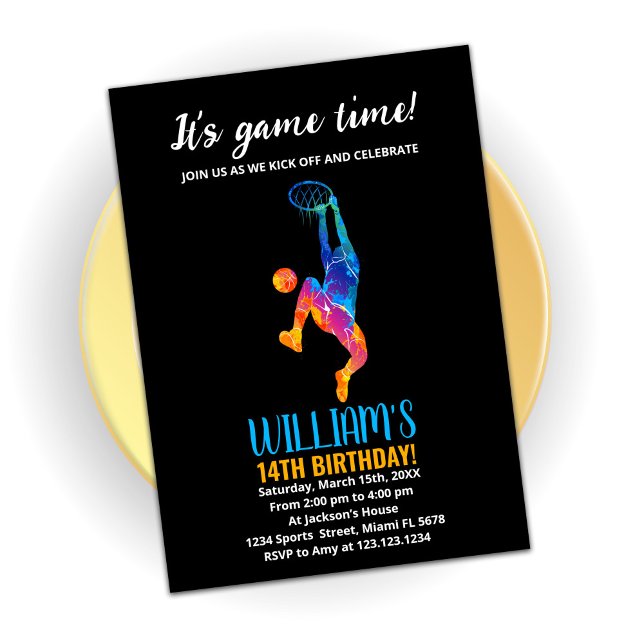 Black Blue Orange Basketball Birthday Invitations (Creator Uploaded)