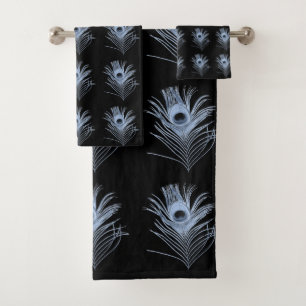 BLACK BLUE PEACOCK FEATHERS BATHROOM TOWEL SET