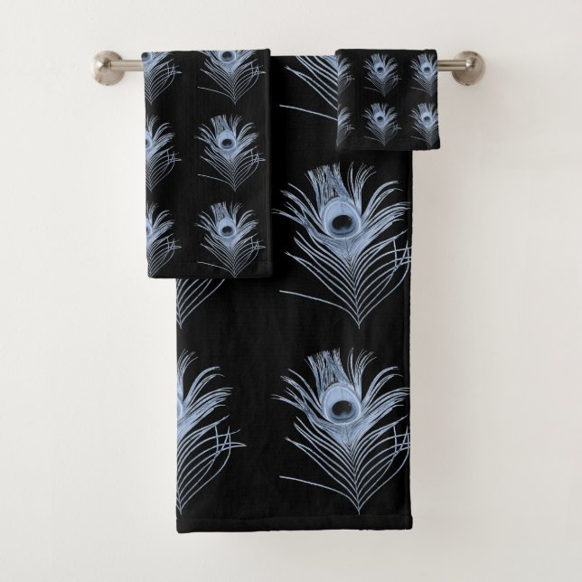 BLACK BLUE PEACOCK FEATHERS BATHROOM TOWEL SET (Insitu)