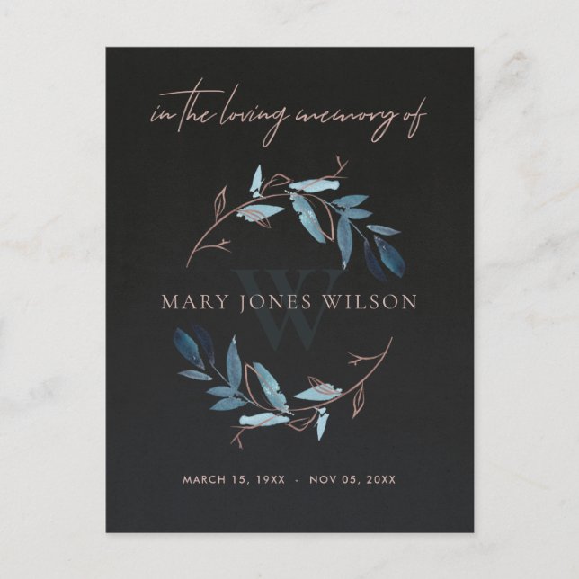 BLACK BLUE PINK FOLIAGE WREATH MEMORIAL THANK YOU INVITATION POSTCARD (Front)