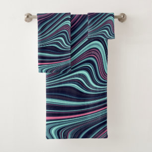 Black Blue Pink Wavy Marbling Agate Abstraction Bath Towel Set
