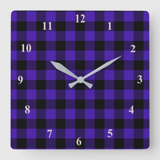 Black & Blue Plaid Checked Square Wall Clock (Front)