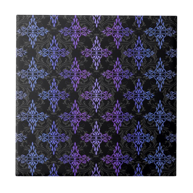 Black Blue Purple Double Damask Pattern Ceramic Tile (Front)