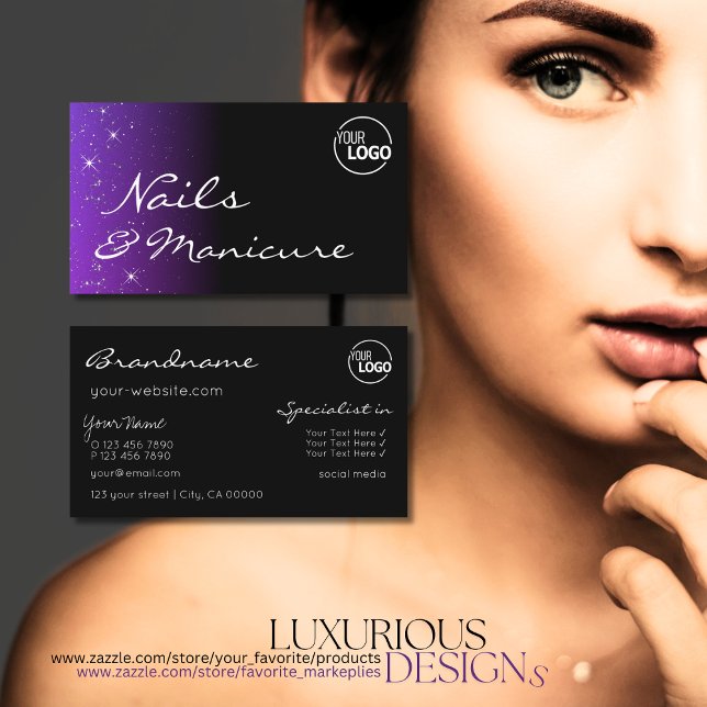 Black Blue Purple Glitter Stars with Logo Stylish Business Card (Creator Uploaded)