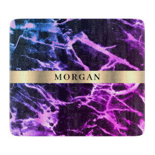 Black Blue & Purple Marble, Name on Gold Band Cutting Board