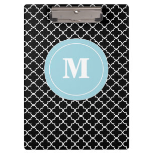 Black Blue Quatrefoil Monogram Clipboard
