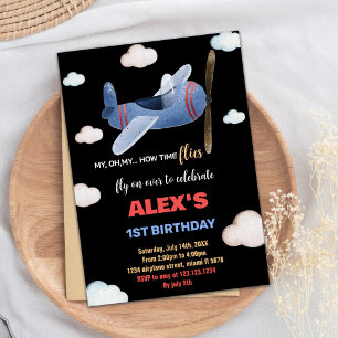 Black Blue Red Aeroplane Birthday Invitations