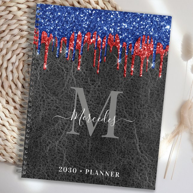 Black Blue Red Glitter Drips Leather Monogram  Planner (Creator Uploaded)
