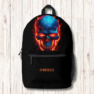 Black Blue Red Skull Flames Modern Monogram Printed Backpack