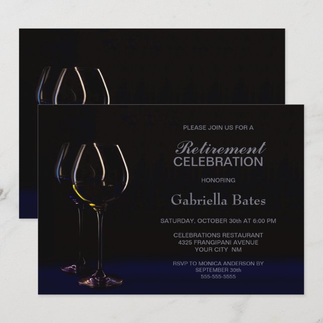 Black Blue Retirement Wine Glass Party Invitation (Front/Back)