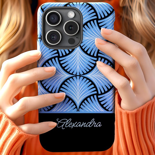 Black Blue Retro 1920s Gatsby Palms Script Name Case-Mate iPhone Case (Creator Uploaded)
