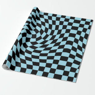 Black Blue Retro Warped Checks Chequered  Wrapping Paper