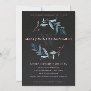 BLACK BLUE ROSE GOLD FAUNA WREATH ENGAGEMENT CARD