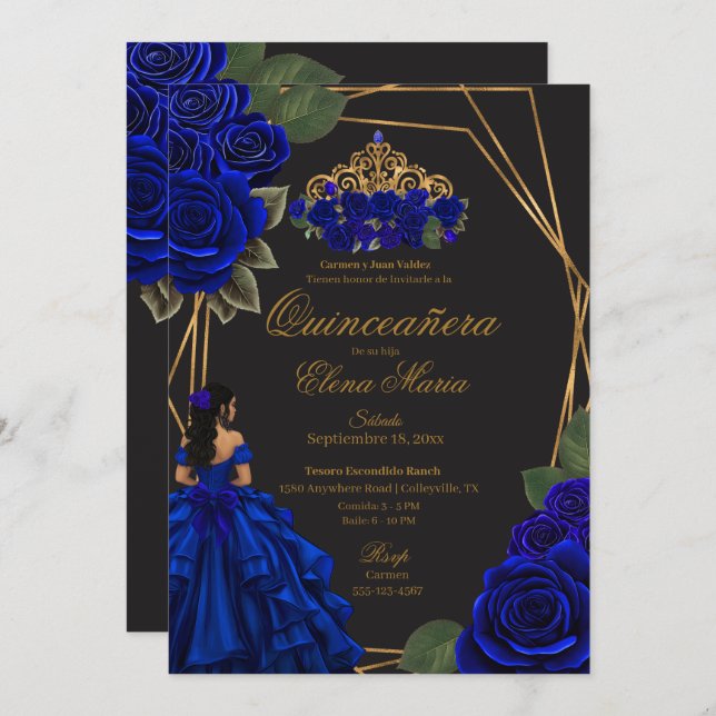 Black Blue Roses Gold Princess Quinceañera  Invitation (Front/Back)