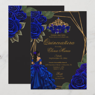 Black Blue Roses Gold Princess Quinceañera  Invitation
