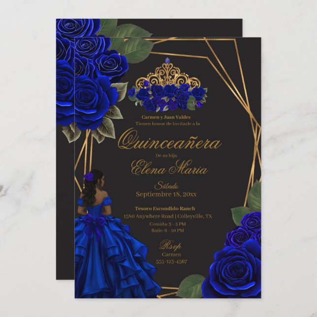 Black Blue Roses Gold Princess Quinceañera  Invitation (Front/Back)