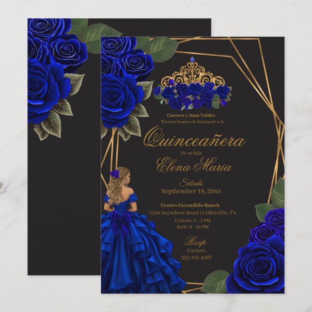 Black Blue Roses Gold Princess Quinceañera  Invitation (Front/Back)