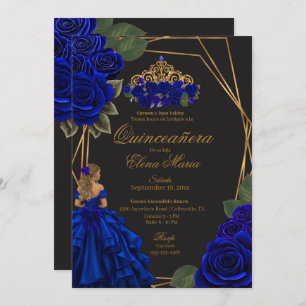 Black Blue Roses Gold Princess Quinceañera  Invitation