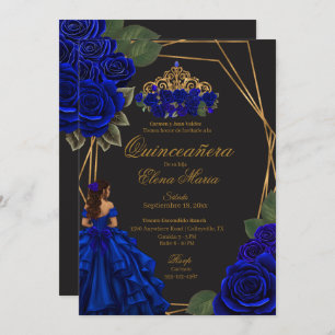 Black Blue Roses Gold Princess Quinceañera  Invitation