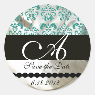 BLACK & BLUE SILK DAMASK CLOTH MONOGRAM CLASSIC ROUND STICKER