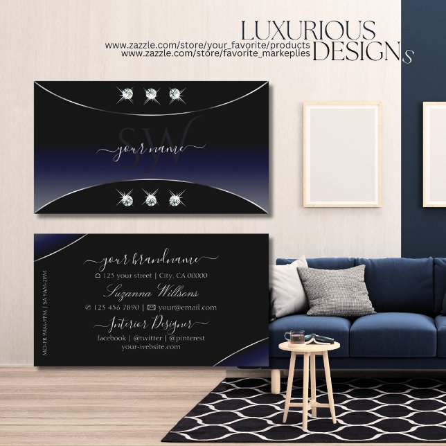 Black Blue Silver Ornate Diamonds and Monogram Business Card (Creator Uploaded)