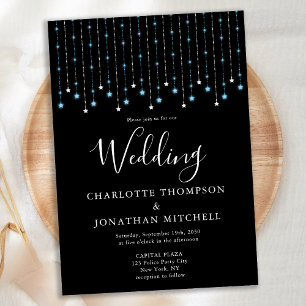 Black Blue Silver Stars String Lights Wedding Invitation