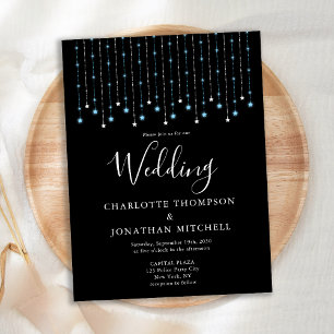 Black Blue Silver Stars String Lights Wedding Invitation Postcard