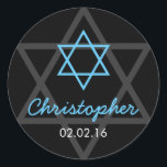 Black Blue Star of David Personalised Bar Mitzvah Classic Round Sticker<br><div class="desc">You can personalise the text on this simple black and aqua blue Jewish Star of David Bar Mitzvah favour tags or envelope seals. The design is elegant and simple in black and aqua blue. Personalised with the name and date of the Bar Mitzvah.</div>