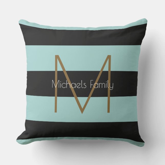 black & blue striped & stylish personalised family cushion (Front)