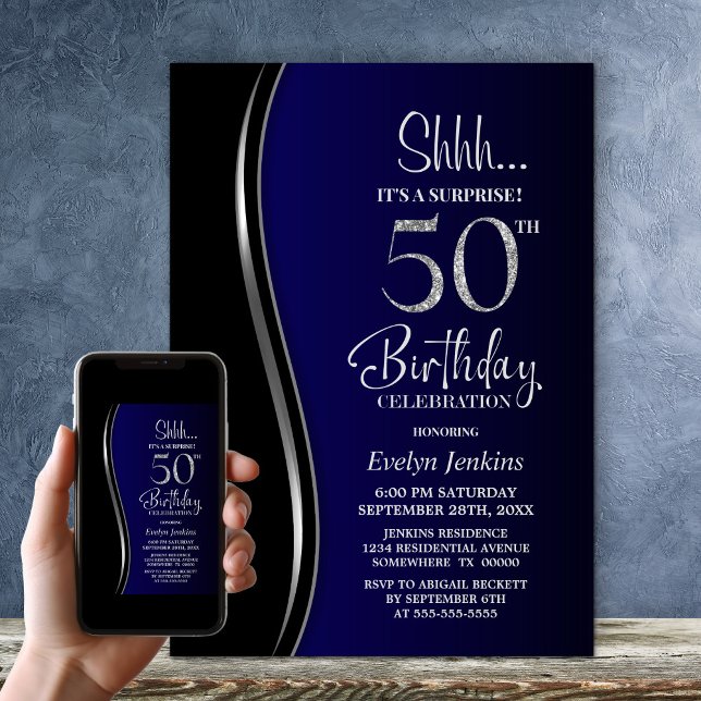 Black Blue Surprise 50th Birthday Invitation (Creator Uploaded)