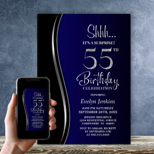 Black Blue Surprise 55th Birthday Invitation