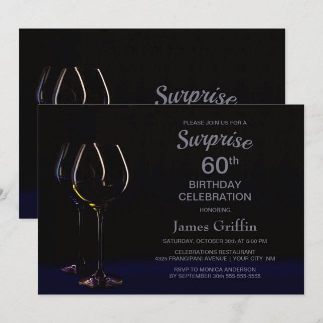 Black Blue Surprise 60th Birthday Wine Glass Party Invitation (Front/Back)