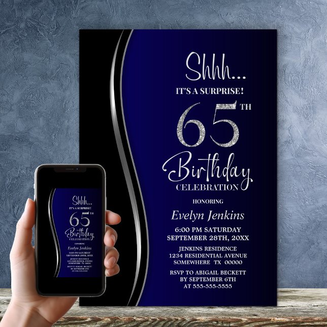 Black Blue Surprise 65th Birthday Invitation (Creator Uploaded)