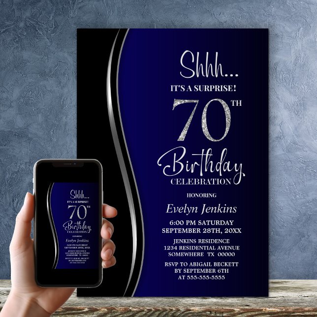 Black Blue Surprise 70th Birthday Invitation (Creator Uploaded)