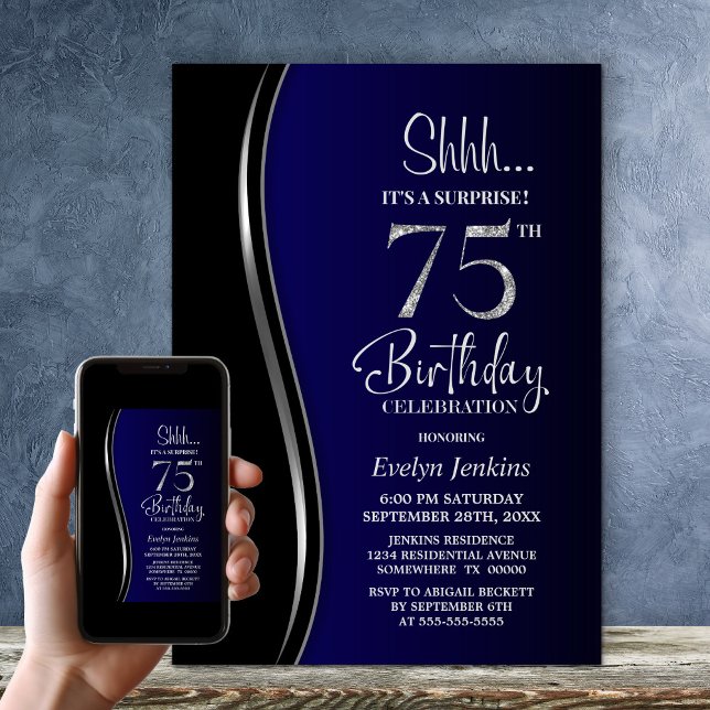 Black Blue Surprise 75th Birthday Invitation (Creator Uploaded)