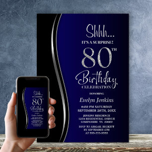 Black Blue Surprise 80th Birthday Invitation