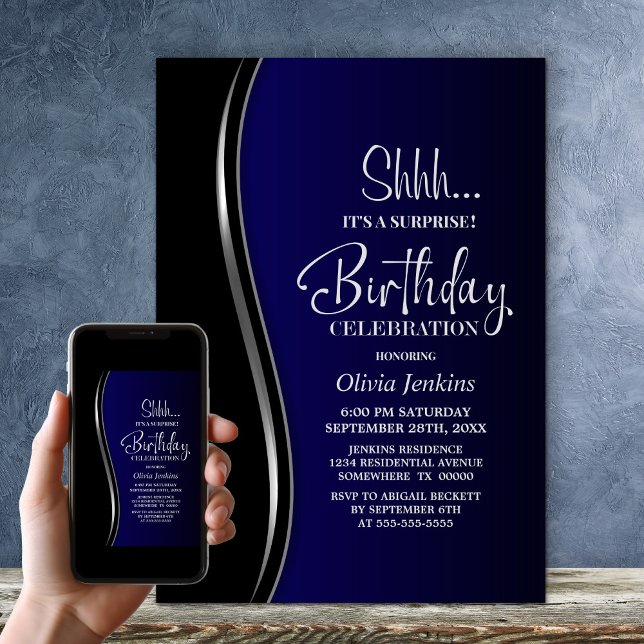 Black Blue Surprise Birthday Party Invitation (Creator Uploaded)