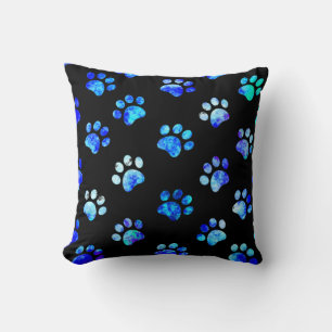 Black Blue Textured Paw Print Pattern Cushion