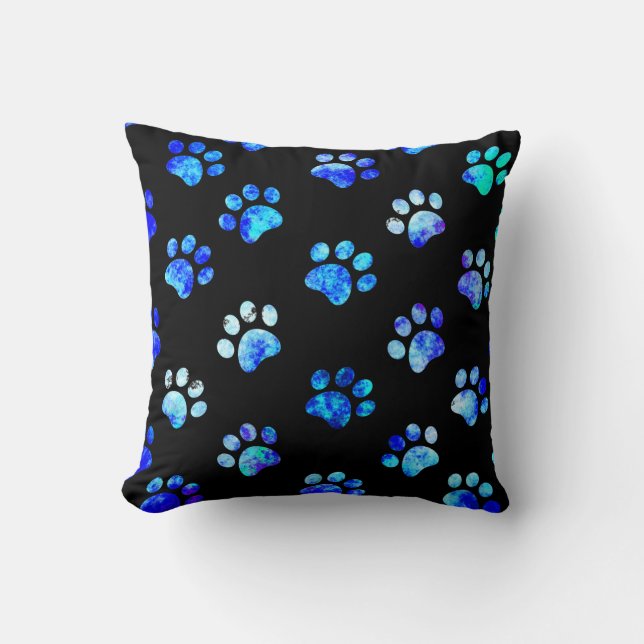Black Blue Textured Paw Print Pattern Cushion (Front)